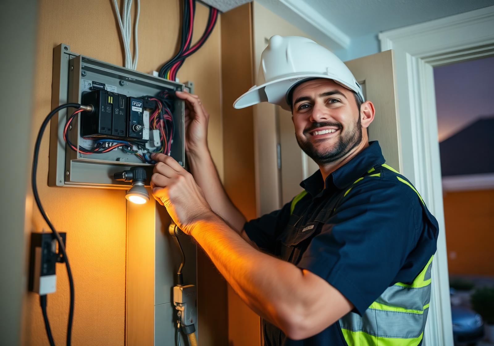 Electrician working on industrial panel with sparks